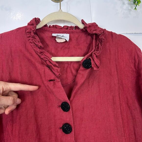Taylor G Linen Jacket Womens Small Red Button Front Ruffle Trim Lagenlook Coat - Picture 9 of 13